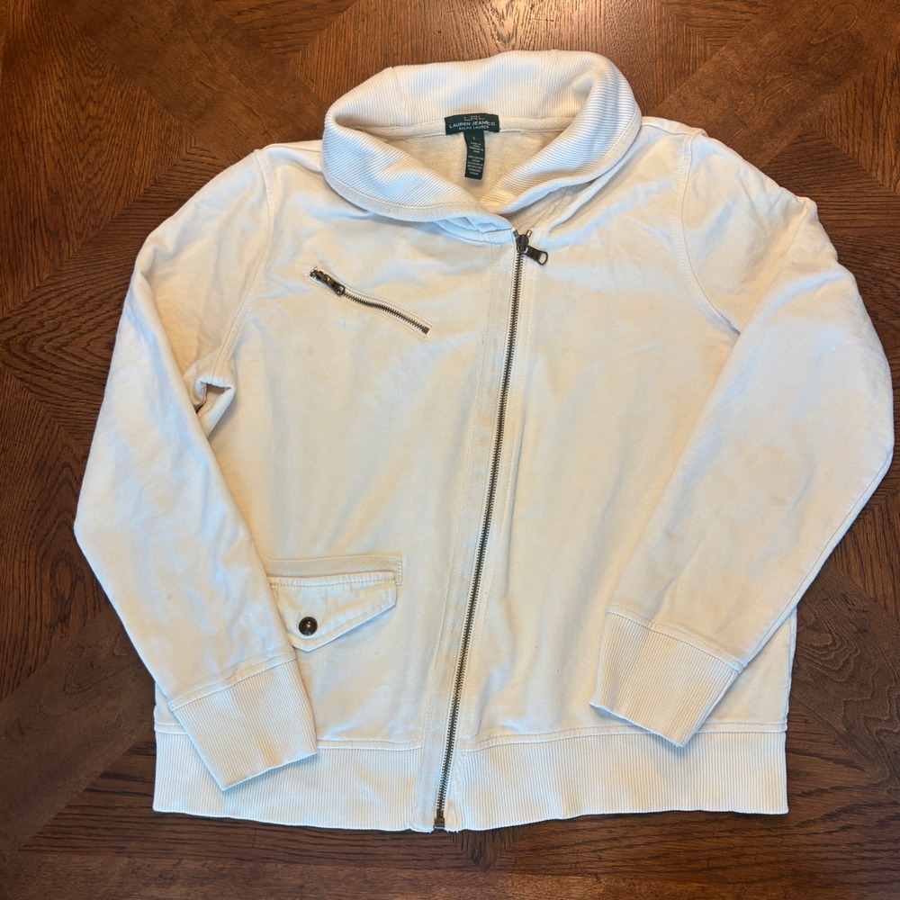 Lauren Jeans Co Ralph Lauren Moto Sweatshirt Womens L Cream Full‎ Zip Jacket